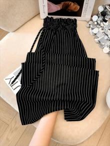 女士优雅休闲条纹系带纸袋腰裤，适合春、夏、秋季穿着，黑色 - 黑色 - 查看 4