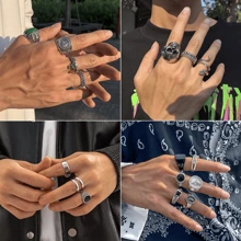 12 件男士复古银朋克戒指套装，酷炫哥特式粗戒指散装，骷髅蛇黑桃 A 孔雀石可堆叠嬉皮指节戒指套装，时尚男士珠宝礼物男士戒指男士珠宝 - 彩色 - 查看 6