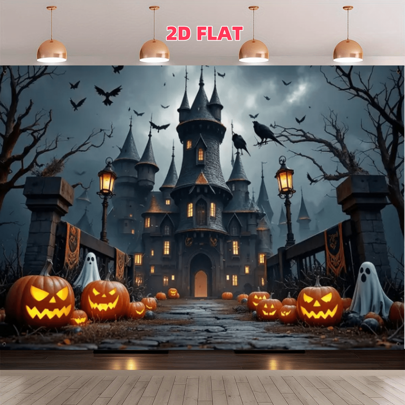 1pc, Halloween Background Fabric, Polyester Fabric. The Background Features A Creepy Castle, Jack-O '-Lanterns, Ghosts, Crows, Bats, And A Terrifying Atmosphere, Suitable For A Halloween Haunted House And A Horror-Themed Party
