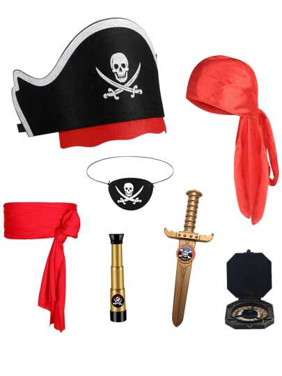 7pcs Pirate Accessories Set, Kids Pirate Captain Costume Accessories For Halloween Party Pirate Role Play, Black