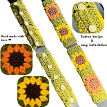 onEternal Handmade Crochet Olive Green Sunflower Steering Wheel Cover And Seatbelt Cover Car Decor Set