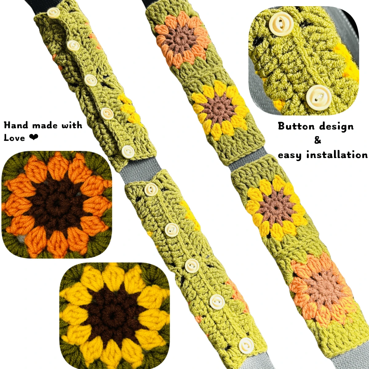 onEternal Handmade Crochet Olive Green Sunflower Steering Wheel Cover And Seatbelt Cover Car Decor Set