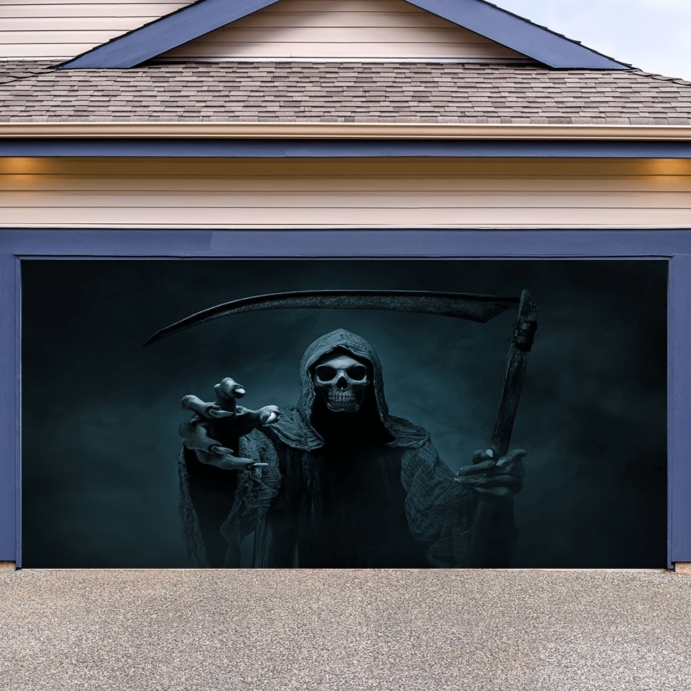 1pc Halloween Garage Door Banner, Polyester Fiber Hanging Grim Reaper Decor, No Power Needed Festival Yard Decoration, No Feathers, Outdoor Holiday Atmosphere - 1 Piece