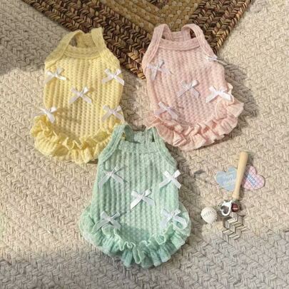 1pc Pet Sleeveless Dress, Breathable Lightweight Bow Decor Princess Dress, Lace Trim, Suitable For Poodle, Yorkshire Terrier, Bichon Frise, Chihuahua And Other Medium/Small Cats & Dogs, Spring/Summer