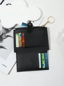 2 折时尚纯色多卡位拉链短款钱包和卡包女士钱包迷你钱包钱包卡包男士钱包男士钱包皮革钱包钥匙扣 - 黑色 - 查看 3
