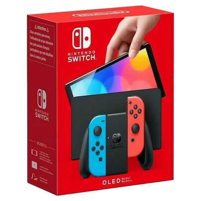 Switch - OLED Model Video Gaming Console With Neon Red & Neon Blue Joy-Con - HK Version (HK Charger With HK To US Plug Adapter)