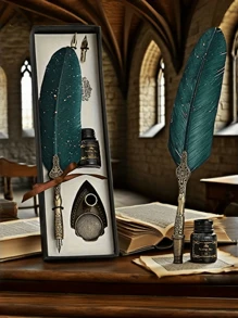 1 件羽毛笔套装、闪闪发光的羽毛笔套装、古董书法墨水笔（带墨水）、2 个替换笔尖、笔架底座、豪华复古签名笔、复活节和万圣节写信笔。 - 彩色 - 查看 6