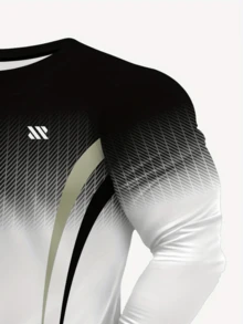 男士休闲运动 3D 印花长袖上衣 - 黑白设计，透气涤纶，圆领 - 可机洗 - 彩色 - 查看 5