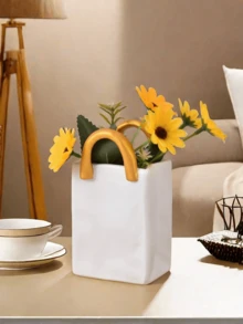 Rinkle Paper Bag Ceramic Makeup Brush Storage Container,Vase,5.7 Inch Square Wide Mouth Pleated Vase, Unique White Matte Vase, Minimalist Boho Vase For Flower Arrangement Table Centerpiece Home Office Bookshelf Decor Suitable For Home Decor, Bedroom Decor, Office And Students, The Best And Christmas Gift,Wintertime Flower Vase Glass Vase