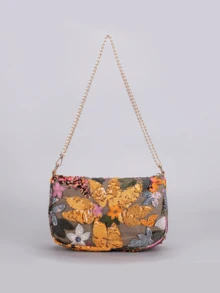 精緻金棕色花卉刺繡單肩包，女款時尚斜挎包，旅行必備，優雅懷舊 - 彩色 - 查看 2