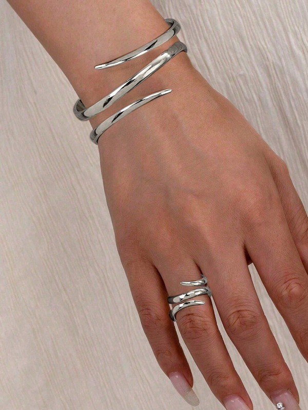 2pcs Minimalist Jewelry Set For Women, Geometric Line Wrapped Design Thick Bangle Bracelet And Ring, All-Season Accessories Suitable For Daily Life And Social Events, Valentine's Day Gift