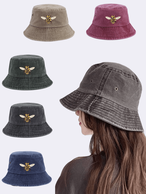 1 pieza Sombrero de cubo con estilo vintage lavado y estampado de abeja