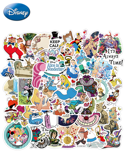 Disney 50 ملصق رسمي مرخص من فيلم الرسوم المتحركة الأمريكي "أليس في بلاد العجائب"، ملصقات فينيل مقاومة للماء لزجاجات المياه والأجهزة المحمولة والهواتف والزلاجات والألبومات والهدايا لحفلات عيد الحب المضحكة، أليس والأرنب الأبيض والقبعاتي والملكة القلب