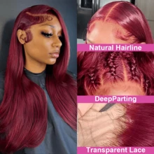 99J Burgundy Colored 13x4 Bone Straight HD Lace Frontal Human Hair Wig Glueless 180% Density Lace Front Human Hair Wigs For Women Pre Cut Pre Plucked Straight Wig Natural Hairline Brazilian Virgin Human Blended Hair Wig Suitable For Daily Use Elegant Style - SBUG/99J - View 6
