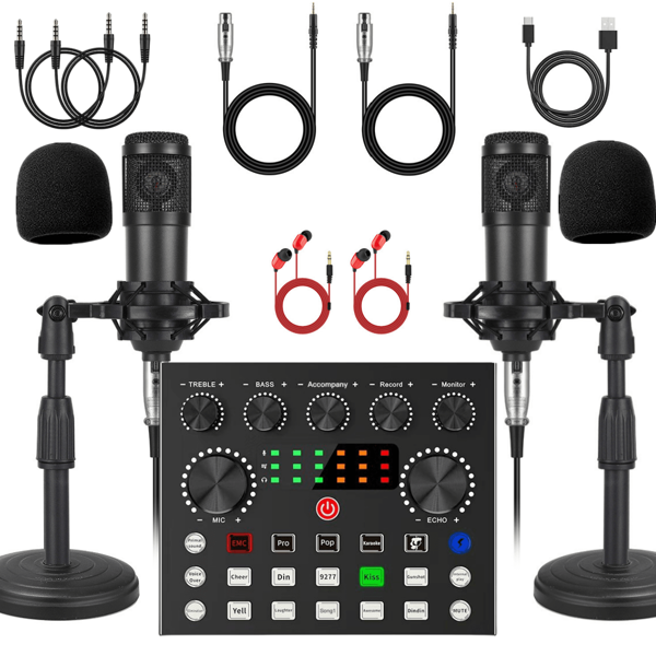 Set de equipo para podcast de 2 personas, Interfaz de audio V8s con tarjeta de sonido en vivo integrada y micrófono de condensador BM800, adecuado para grabación y transmisión en vivo