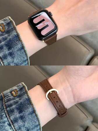 1 条咖啡棕色纹理皮革表带，兼容 38 毫米 40 毫米 41 毫米 42 毫米 44 毫米 45 毫米，替换柔软舒适紧凑复古风格表带，配圆形复古金扣，适用于 SE/SE2/Ultra/Ultra 2/9/8/7/6/5/4/3/2/1，女士纤细手腕