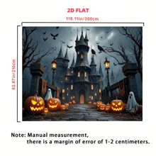 قطعة واحدة، قماش خلفية هالوين، قماش بوليستر. تتميز الخلفية بقلعة مخيفة، قرع القرع، أشباح، غربان، خفافيش، وجو مرعب، مناسب لبيت مسكون بالهالوين وحفلة ذات موضوع رعب