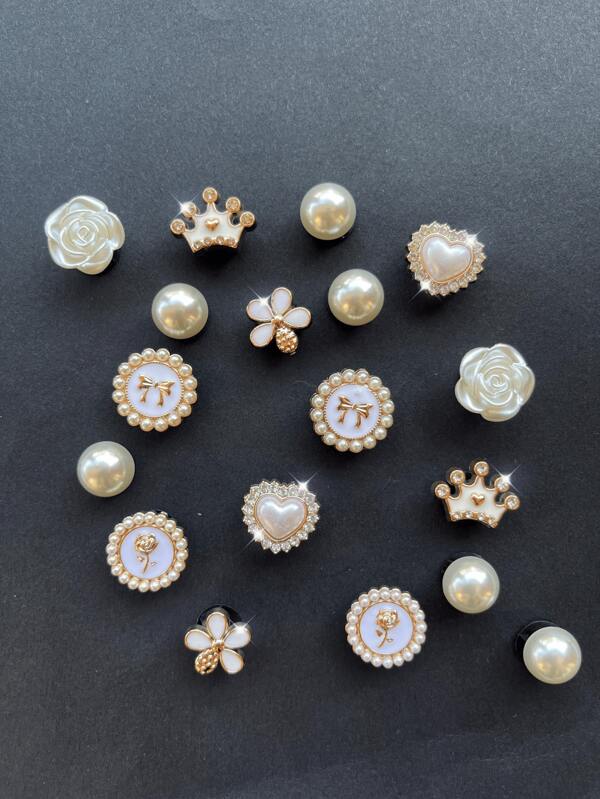 18pcs ABS Pearl & Round Pearl Bow, Rose Flower, Heart, Crown Shoe Charms Decorations, Removable Buttons, Suitable For Sandals, Slippers, Beach Shoes, Ideal Holiday Gift