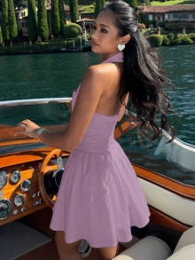 All-White Halterneck Street Sexy Backless Dress Vacation A Hem Slim Frilled Hem Dress - Mauve Purple - View 2