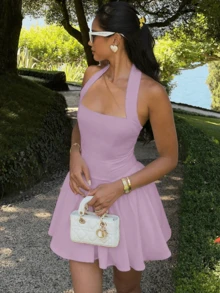 All-White Halterneck Street Sexy Backless Dress Vacation A Hem Slim Frilled Hem Dress - Mauve Purple - View 3