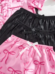 SHARICCA 6pcs Satin Pajama Set For Women, Elegant Print Sleepwear, Lapel Collar Button Front Short Sleeve Shirt And Bowknot Shorts, Soft Comfortable Casual Loungewear - 設定-2 - 查看 4