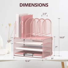 3 Tier Desktop Organizer With 5 File Folder Holders And Handles For Home Office - Pink - View 2