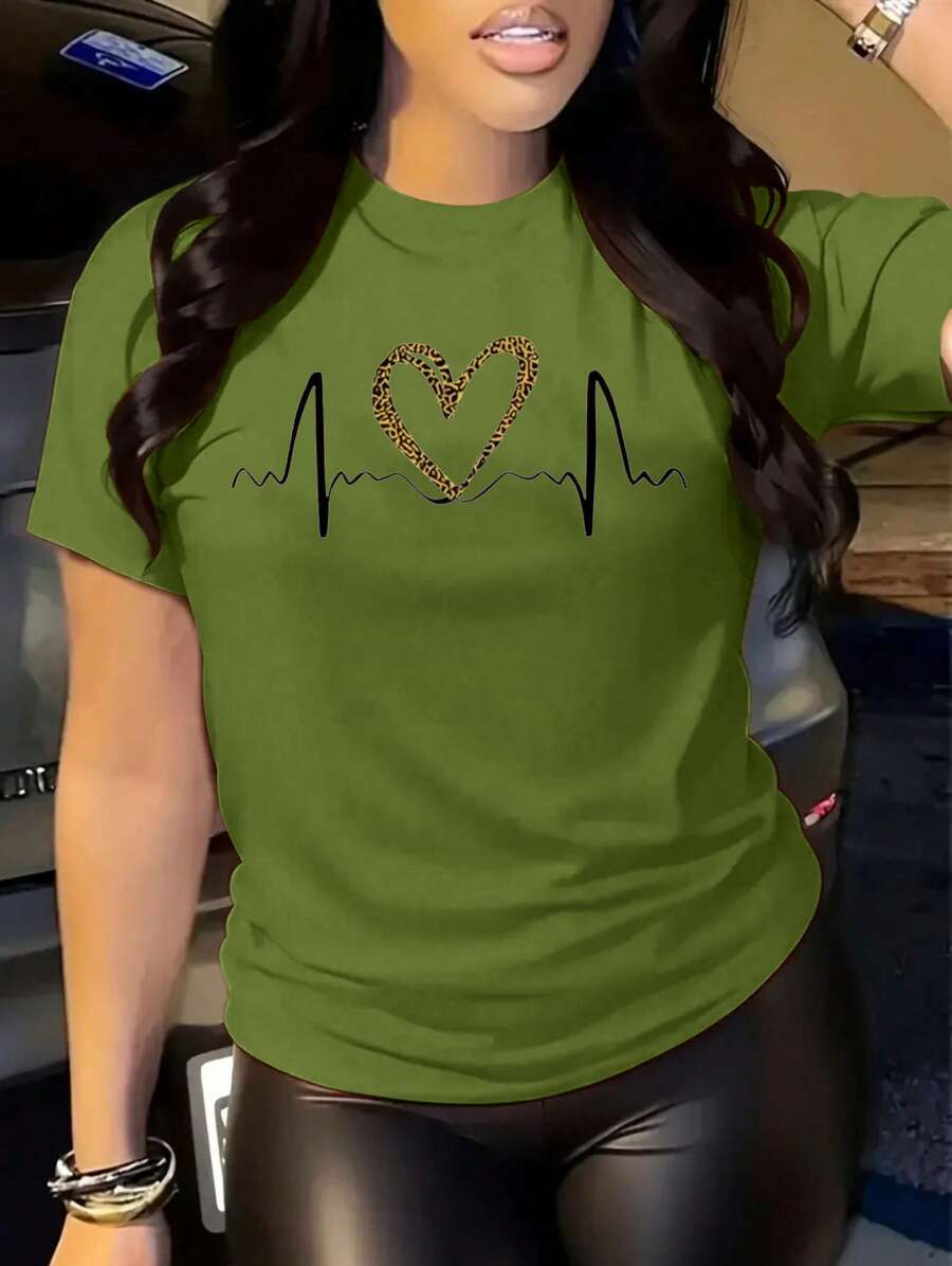 Camiseta Casual de Mujer con Estampado de Leopardo y Gráfico de Corazón & Línea Semi-Transparente de Cuello Redondo, Manga Corta, Transpirable para Verano, Lavable a Máquina, Material Semitransparente - Verde militar - Ver 1