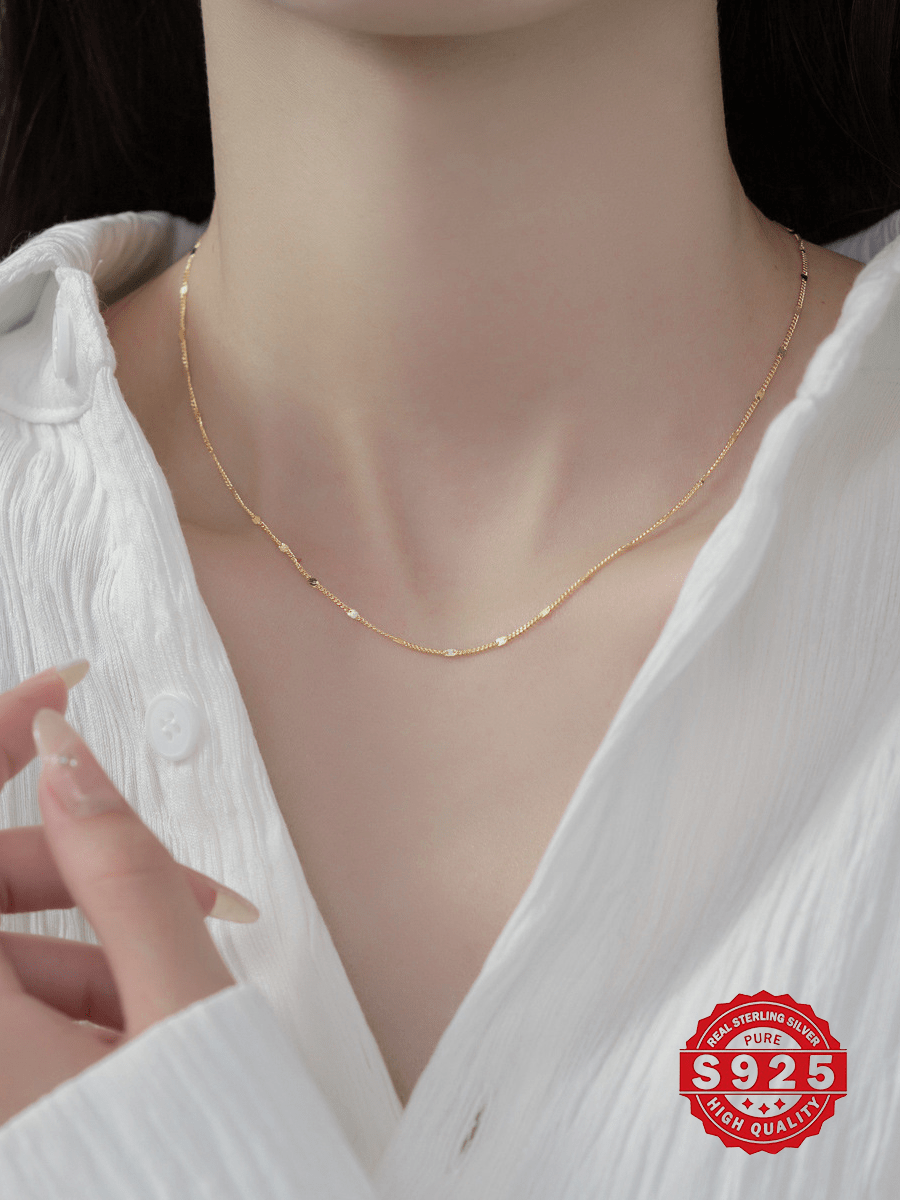 1pc Luxury S925 Sterling Silver Gold Plated Plain Chain, Suitable For Women's DIY Jewelry Design, Elegant Minimalist Layered Necklace, Delicate Chic Clavicle Chain, Casual Daily Wear Or Gift, Comes With Exquisite Gift Box