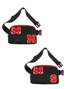 首字母蝴蝶结老鼠腰包，可爱雪尼尔腰包卡通旅行腰包防水斜挎包，适合青少年女孩女儿女士的个性化圣诞生日礼物，非常适合日常和派对 - 黑色 - 查看 10