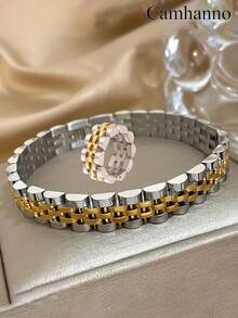 Camhanno 2 件优雅时尚不锈钢手链套装 - 不锈钢精致简约女士魅力手链和戒指，低调奢华，引领珠宝手链组合时尚礼物，圣诞节情人节生日礼物 - 彩色 - 查看 4