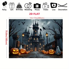 قطعة واحدة، قماش خلفية هالوين، قماش بوليستر. تتميز الخلفية بقلعة مخيفة، قرع القرع، أشباح، غربان، خفافيش، وجو مرعب، مناسب لبيت مسكون بالهالوين وحفلة ذات موضوع رعب