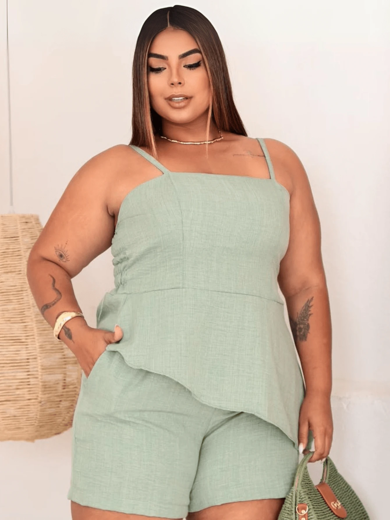 Plus Size Set With Shorts And Strappy Top – Casual Women's Fashion