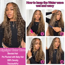 200% 密度高光渐变色杰瑞卷曲蕾丝前假发混合真人发质 4/27 蜂蜜金色深波浪蕾丝前假发混合发质 4x4 5x5 13x4 13x6 高清水波纹卷曲蕾丝前假发适合无胶假发预拔 8-34 英寸自然发际线带婴儿毛发