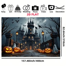 قطعة واحدة، قماش خلفية هالوين، قماش بوليستر. تتميز الخلفية بقلعة مخيفة، قرع القرع، أشباح، غربان، خفافيش، وجو مرعب، مناسب لبيت مسكون بالهالوين وحفلة ذات موضوع رعب