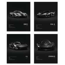 4 carteles de autos de carreras sin marco en blanco y negro - Arte de pared para decoración del hogar, con FXXK, P1, ZONDA R, ONE:1 y talla grande - Impresiones de cartulina de alta calidad para entusiastas de los autos, decoración de autos de carrera - Multicolor - Ver 1