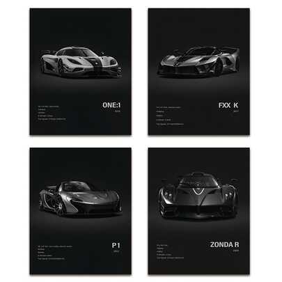 4 carteles de autos de carreras sin marco en blanco y negro - Arte de pared para decoración del hogar, con FXXK, P1, ZONDA R, ONE:1 y talla grande - Impresiones de cartulina de alta calidad para entusiastas de los autos, decoración de autos de carrera