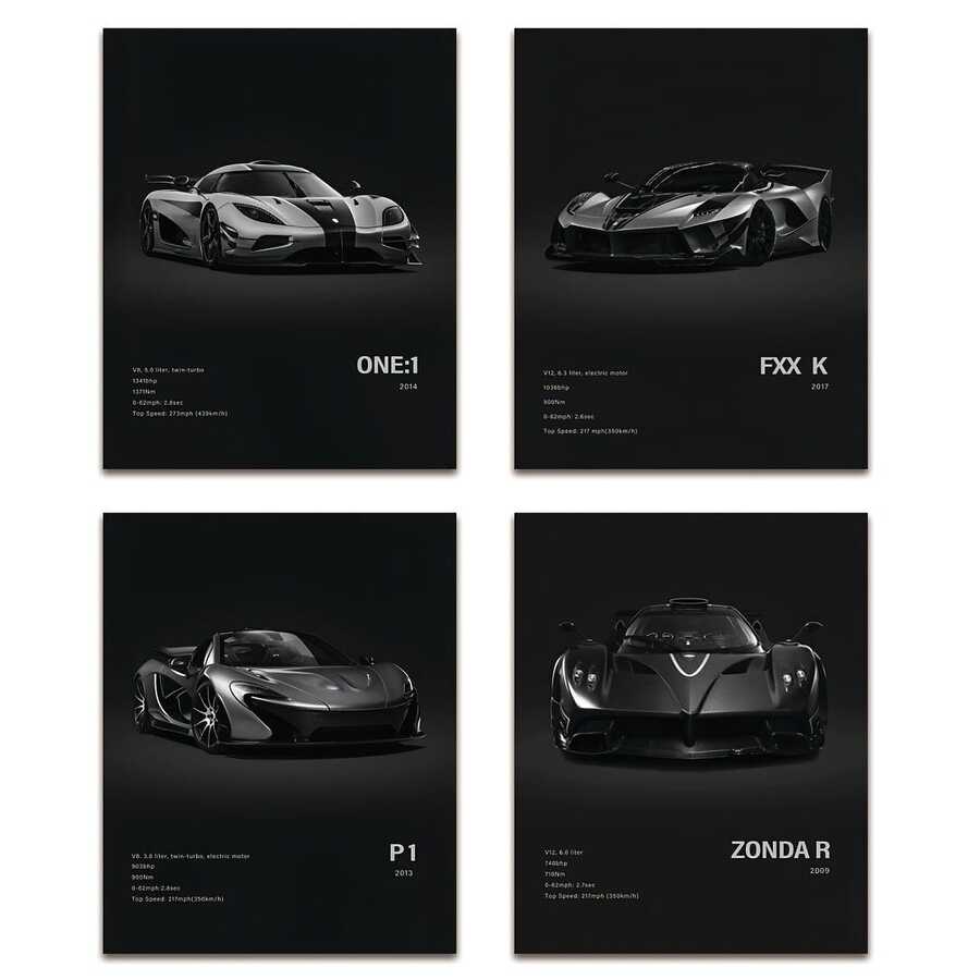 4 carteles de autos de carreras sin marco en blanco y negro - Arte de pared para decoración del hogar, con FXXK, P1, ZONDA R, ONE:1 y talla grande - Impresiones de cartulina de alta calidad para entusiastas de los autos, decoración de autos de carrera - Multicolor - Ver 1