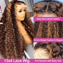 200% 密度高光渐变色杰瑞卷曲蕾丝前假发混合真人发质 4/27 蜂蜜金色深波浪蕾丝前假发混合发质 4x4 5x5 13x4 13x6 高清水波纹卷曲蕾丝前假发适合无胶假发预拔 8-34 英寸自然发际线带婴儿毛发