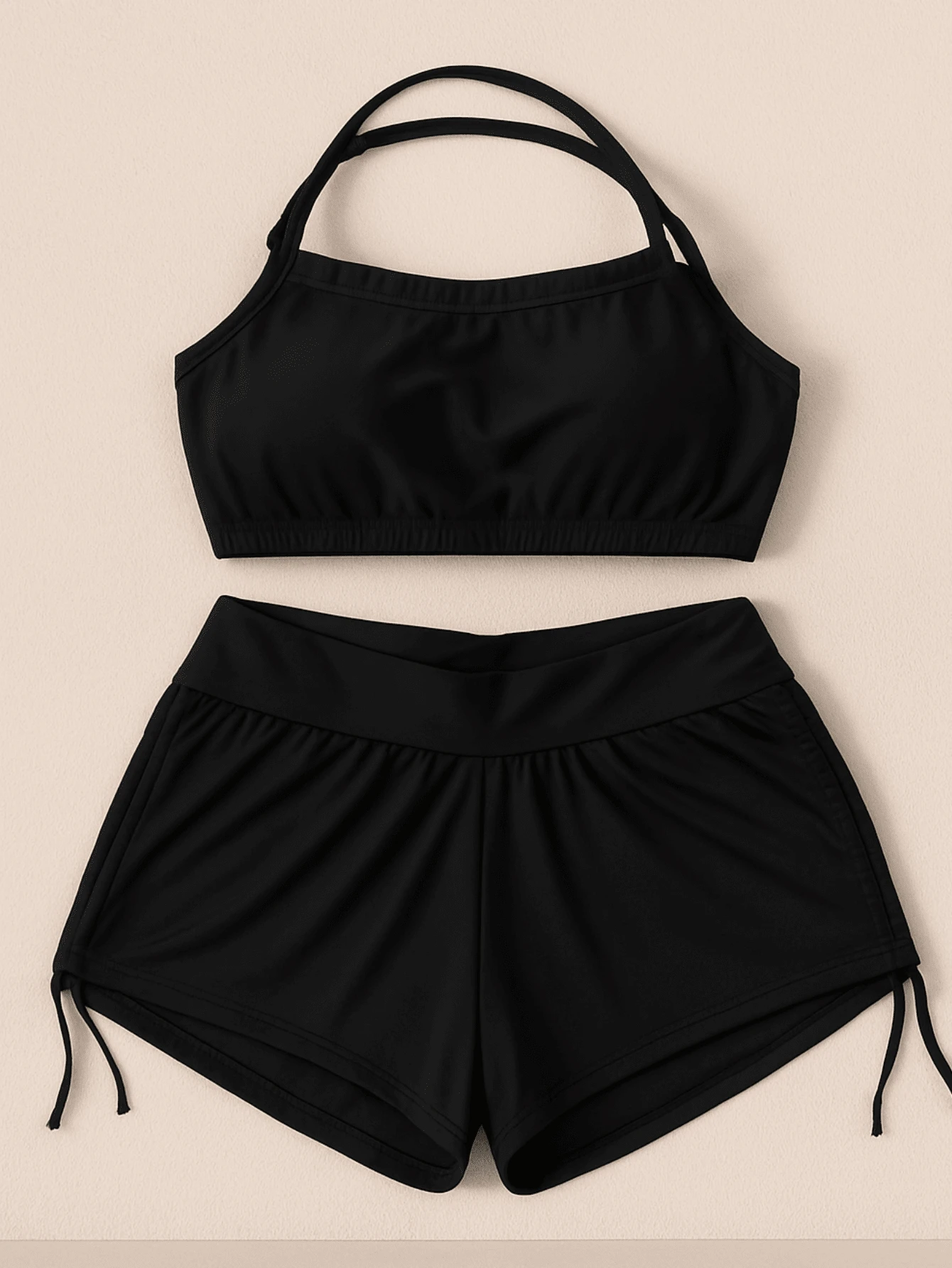 Mommy I Arrived Official Black Cropped Bikini With Padded Bra And Beach Shorts Sunkini - 黑色 - 查看 1