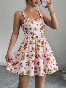 Vestido halter floral de mujer, vestidos casuales para mujer, vestido casual mujer, vestidos elegantes cortos, vestidos cortos elegantes, vestido sexy y elegante sin espalda de mujer. - Rosa - Ver 1