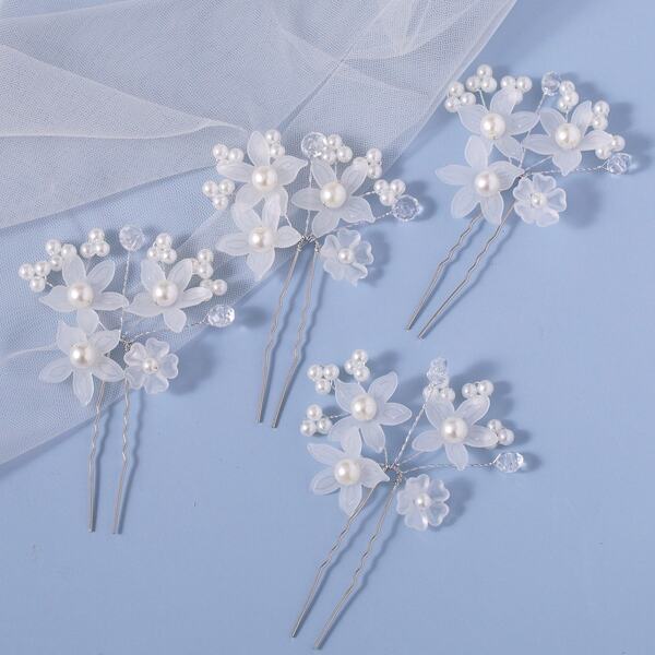 4pcs Elegant Pearl Flower Hair Clips, Red Holiday Dress Accessories, Christmas Decorations, Bridal Hair Accessories, White Flower Headpiece