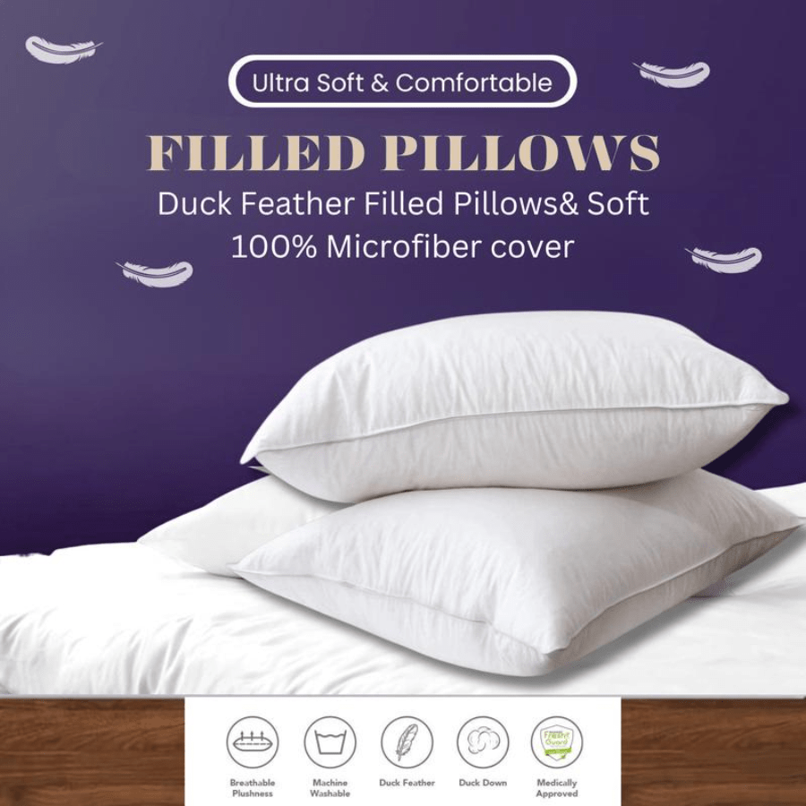 100% DUCK FEATHER & DOWN PILLOWS PACK OF 2 Extra Deep Filled Pillow Soft Hotel Quality Pillow Pairs (50 X 75cm) Outer Cover Cotton White