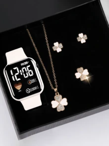 Set Of 5 Elegant Ladies Digital Electronics Watch + Necklace Bracelet Earrings Jewelry Set Halloween Gift Christmas Gift Girl Gift Birthday Gift School Life Best Gift