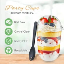 50/100Pack Plastic Parfait Cups With Dome Lids, Dessert Cups, 12/16oz Yogurt Parfait Cups With Sporks, Clear Plastic Cup With Dome Lids (No Hole) For Yogurt, Dessert, Ice Cream, Cupcake, Snacks, Pudding, Fruits - 16盎司 - 查看 2