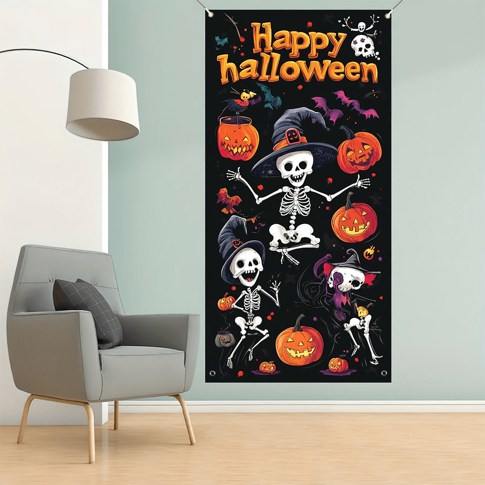 1 stuk 2D Halloween deurvalance banner - Multifunctionele binnen- en buitendecoratie voor aan de muur, geen elektriciteit nodig, duurzaam skelet- en pompoenontwerp als feestdecoratiebord