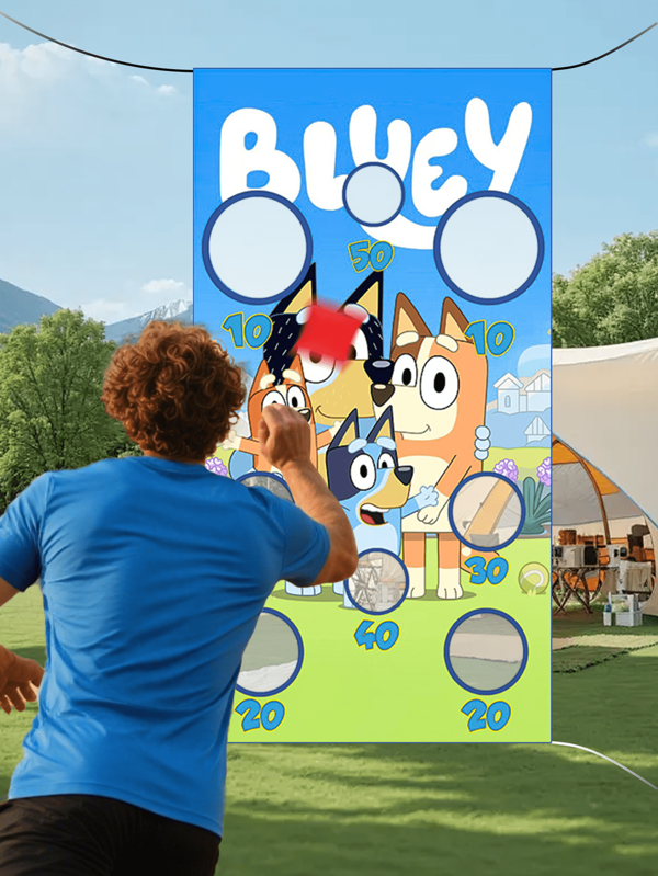 Bluey Juego de sacos de arena del perro Bingo de Bluey, decoraciones de fiesta, juego divertido de lanzamiento de sacos de arena, tela de fondo de bandera (algunas partes pueden ser aleatorias)