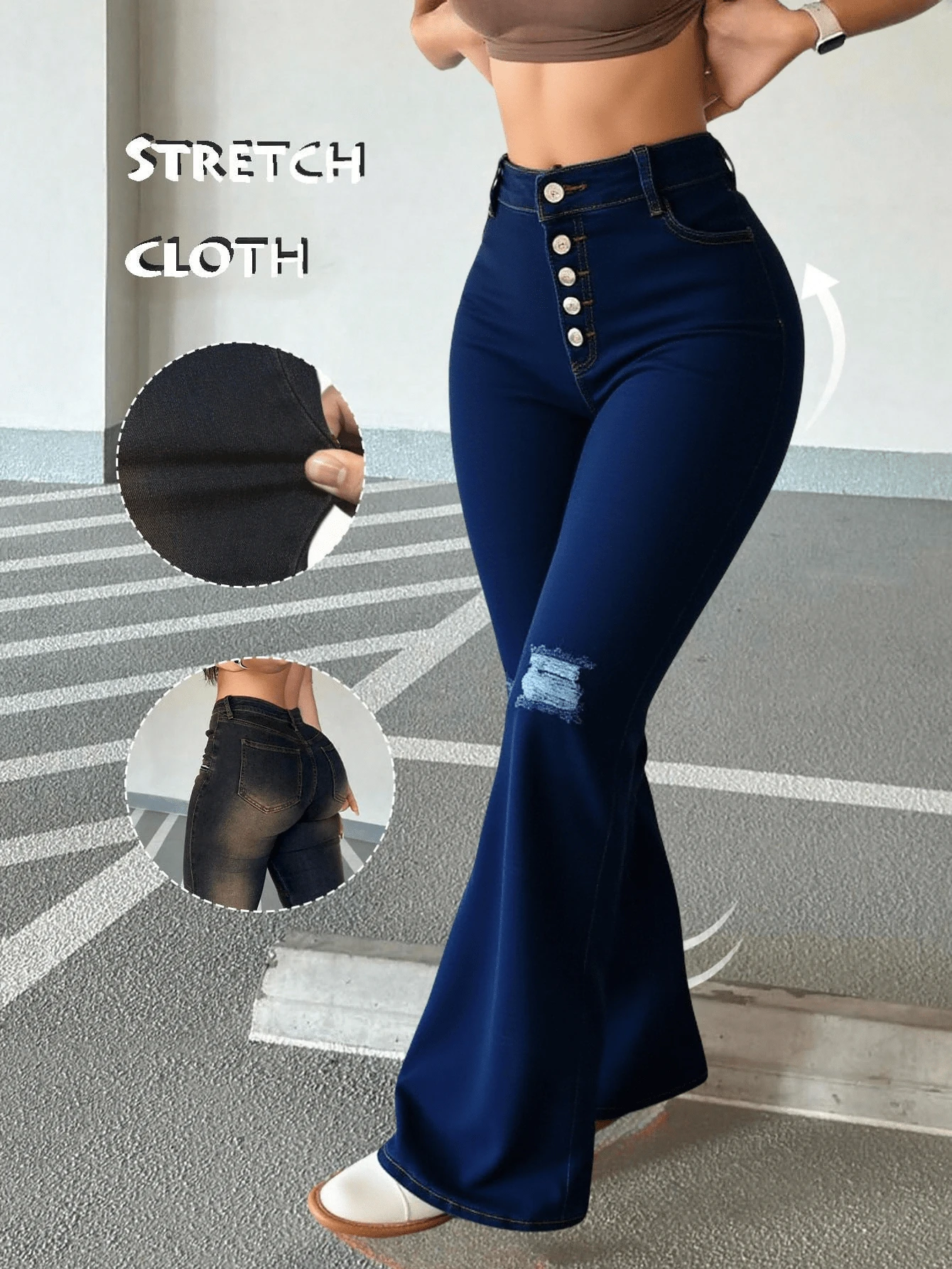 Vaqueros ajustados acampanados y rotos con cierre de botones - Azul - Ver 1