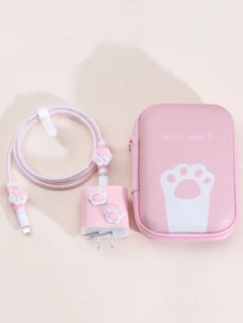 Cute Cat Paw Design Cable Organizer Pouch, Portable Carrying Case For 20W Fast Charging Cable, Earphones, Compatible With Apple Phone - Pink - View 2