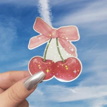 Cherry With Pink Bow Sticker - Soft Girl Era Aesthetic, Waterproof Vinyl Decal For Laptops, Kindle, Water Bottles Self-Adhesive, Reusable, Ceramic, Glass, Metal, Plastic Ideal For Personalization Ideal For Decorating., For School Supplies, Back To School - Multicolor - View 1