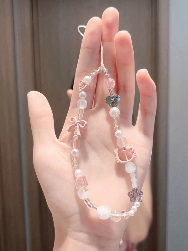 Sanrio Sanrio Hello Kitty Polyester Faux Pearl Beaded Bracelet, Phone Strap Chain Bead Charm, Portable Phone Chain Pendant Accessory